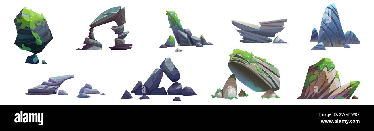 Grey big mountain stone with moss and grass. Cartoon vector illustration set of large rock cliff for canyon hill landscape design. Land terrain boulder piles and vertical rocky rubble construction. Stock Vector