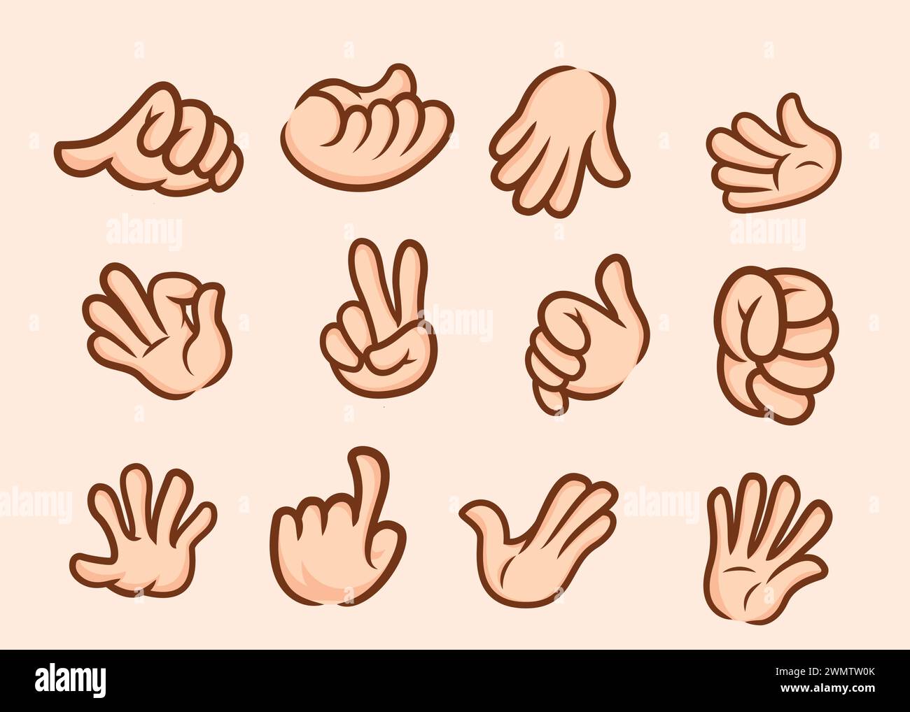 Twelve different poses of cartoon hands. Isolated mascot hand collection for designers Stock Vector