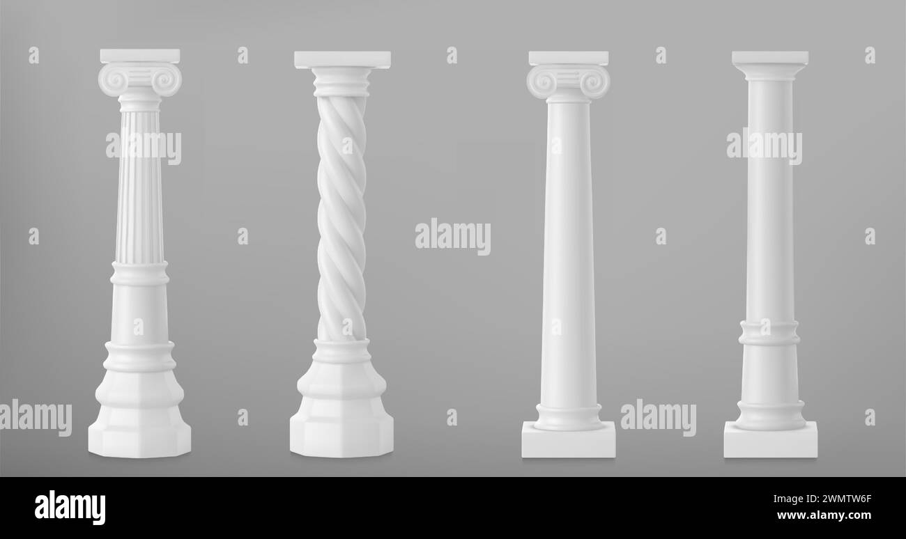 Ancient roman column made of white clay. Realistic 3d vector illustration set of greek stone