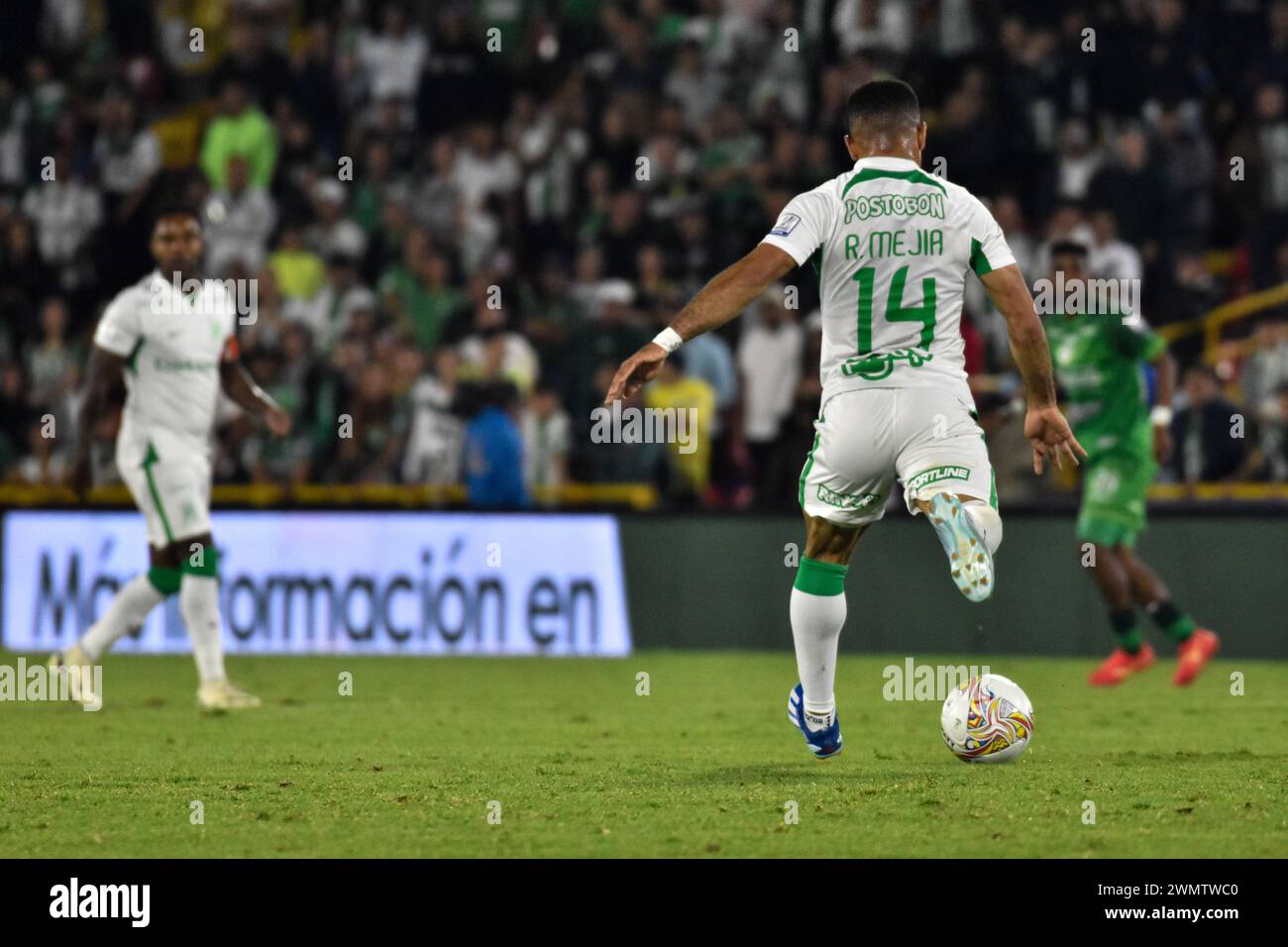 Bogota, Colombia. 25th Feb, 2024. Atletico Nacional Robert Mejia during the BetPlay Dimayor Leagua match between Equidad (2) and Nacional (0) in Bogota, Colombia's El Campin stadium on February 25, 2024. Photo by: Cristian Bayona/Long Visual Press Credit: Long Visual Press/Alamy Live News Stock Photo