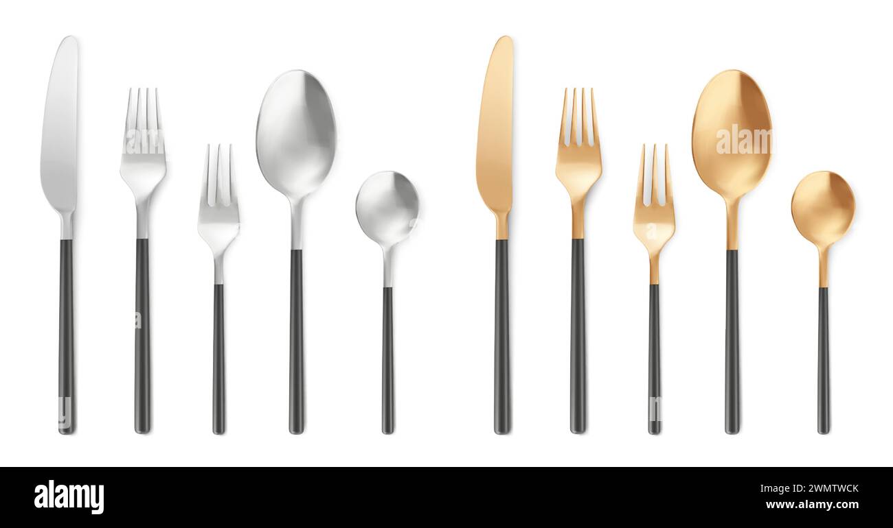 3d realistic cutlery big kit. Vector illustration set of silver and golden spoon. fork and knife for different types of food. Top view on kitchen or restaurant tableware. Eating tools mockup. Stock Vector