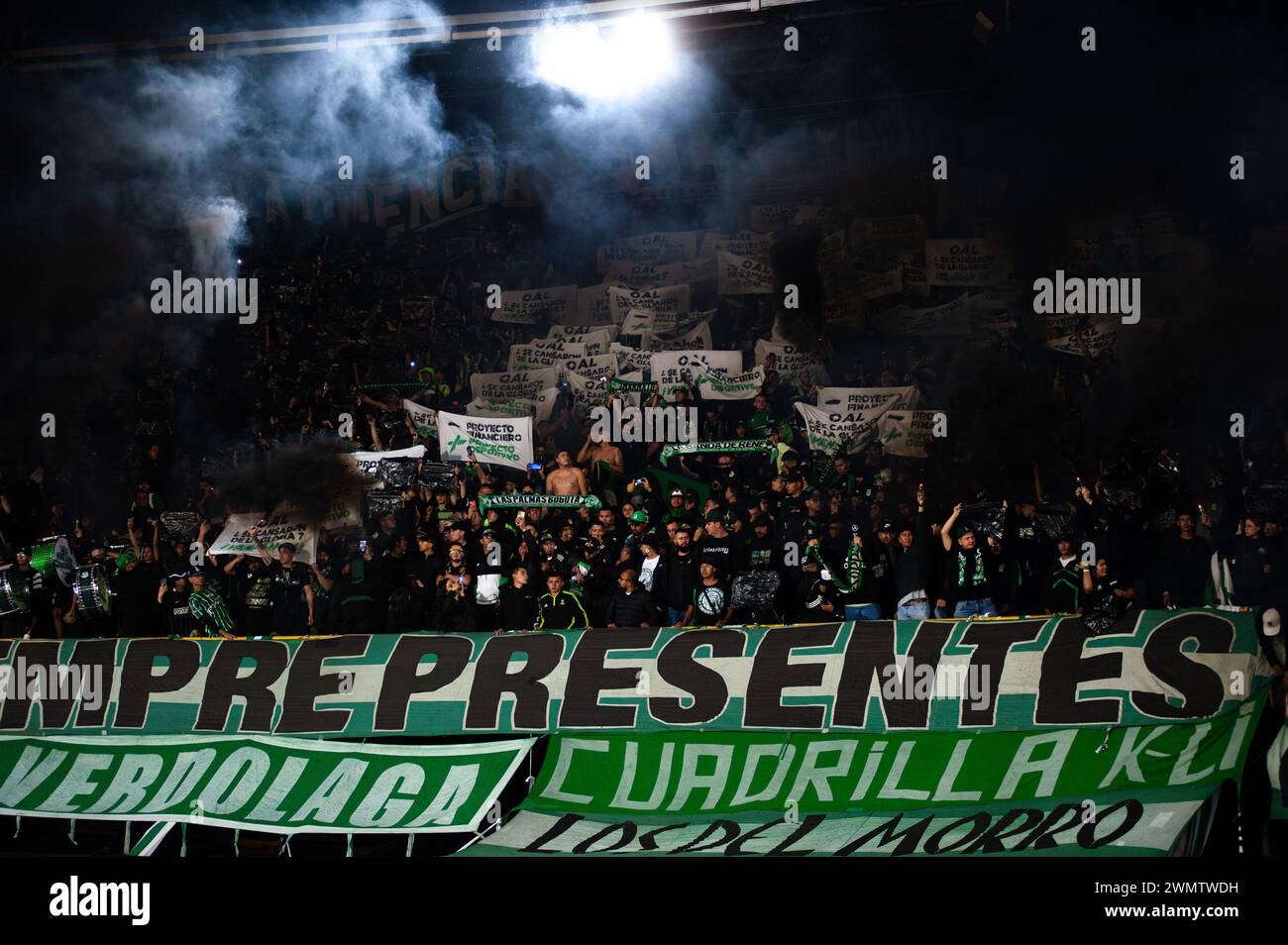 Bogota, Colombia. 25th Feb, 2024. Nacional fans protest against the directive managment of the team during the BetPlay Dimayor Leagua match between Equidad (2) and Nacional (0) in Bogota, Colombia's El Campin stadium on February 25, 2024. Photo by: Sebastian Barros/Long Visual Press Credit: Long Visual Press/Alamy Live News Stock Photo