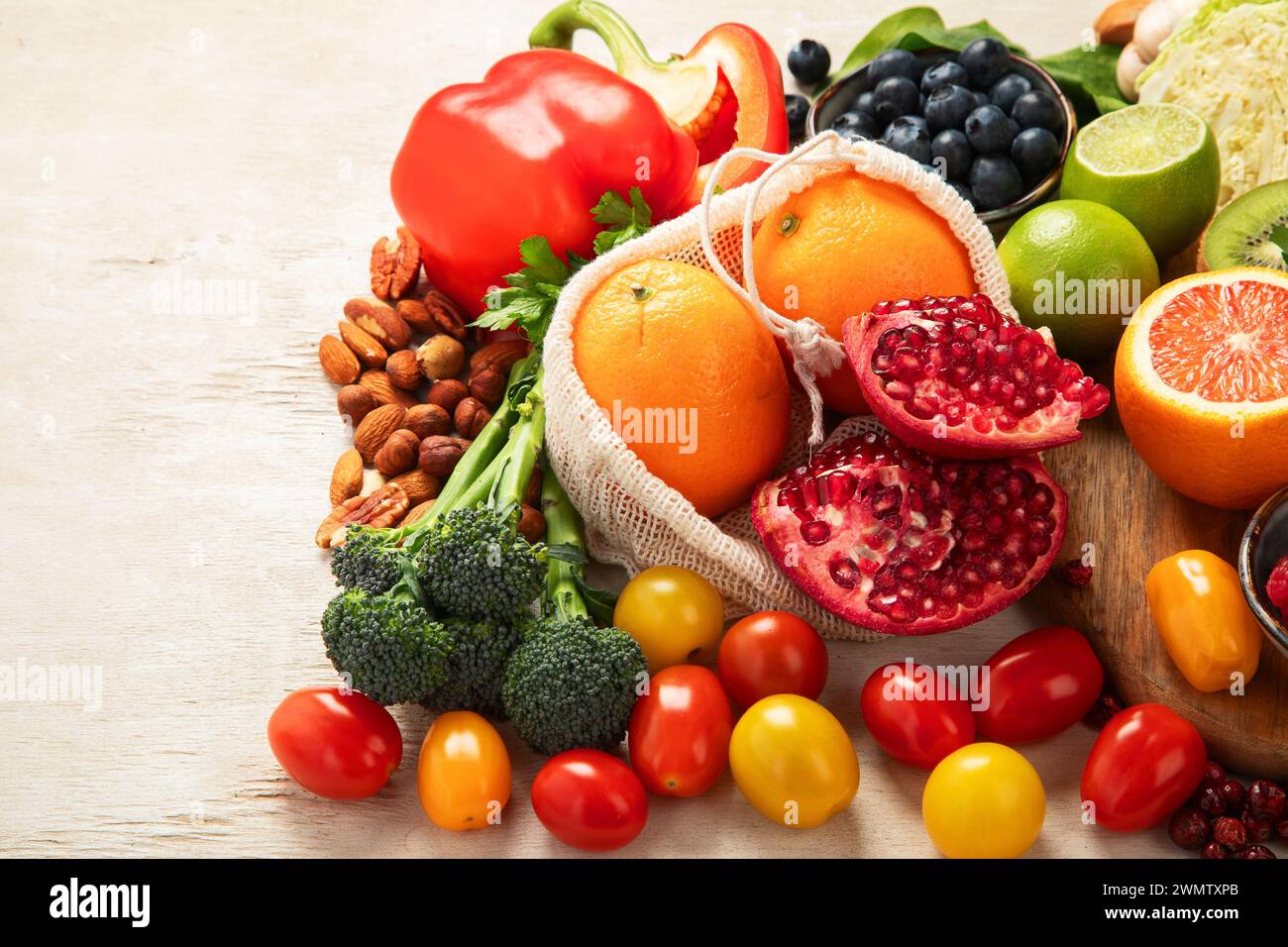 Products high in vitamin C. Healthy food concept. Top view Stock Photo