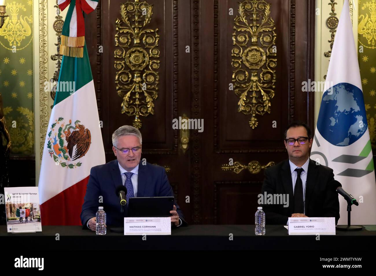 Mexico City, Mexico. 27th Feb, 2024. February 27, 2024, Mexico City, Mexico: Secretary-General of the Organization for Economic Cooperation and Development (OECD) Mathias Cormann (L) and Mexico's Undersecretary of Finance and Public Credit, Gabriel Yorio during the presentation of the OECD Economic Surveys Mexico at National Palace. on February 27, 2024 in Mexico City, Mexico (Photo by Luis Barron/Eyepix Group/Sipa USA) Credit: Sipa USA/Alamy Live News Stock Photo