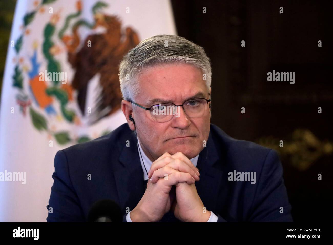 Mexico City, Mexico. 27th Feb, 2024. Secretary-General of the Organization for Economic Cooperation and Development (OECD) Mathias Cormann, gesticulates during the presentation of the OECD Economic Surveys Mexico at National Palace. on February 27, 2024 in Mexico City, Mexico (Credit Image: © Luis Barron/eyepix via ZUMA Press Wire) EDITORIAL USAGE ONLY! Not for Commercial USAGE! Stock Photo