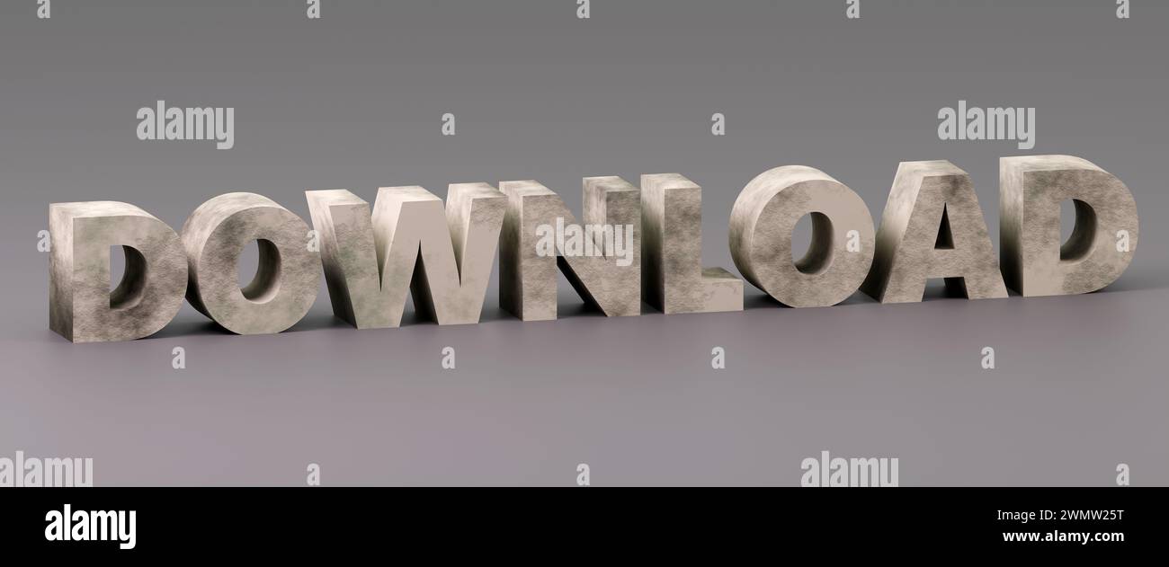 Luxury concrete inscription download on grey podium, soft light, front view smooth background, 3d rendering Stock Photo