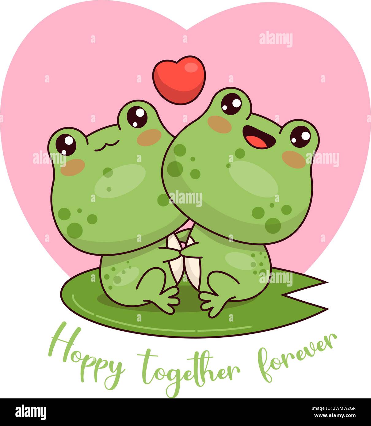 Cute couple of frogs in love with heart. Funny animal kawaii character. Vector illustration. Cool card valentine with romantic slogan Stock Vector