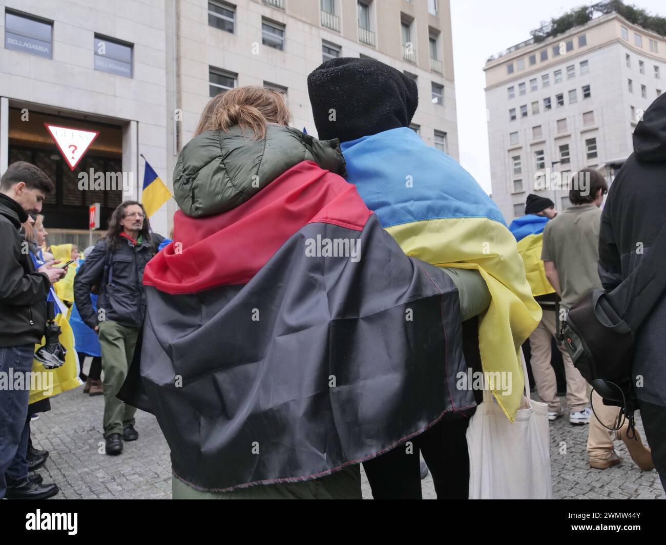 Drammatic protest of Ukrainian peoples in San Babila square against the war and against the Russian leader Putin Stock Photo