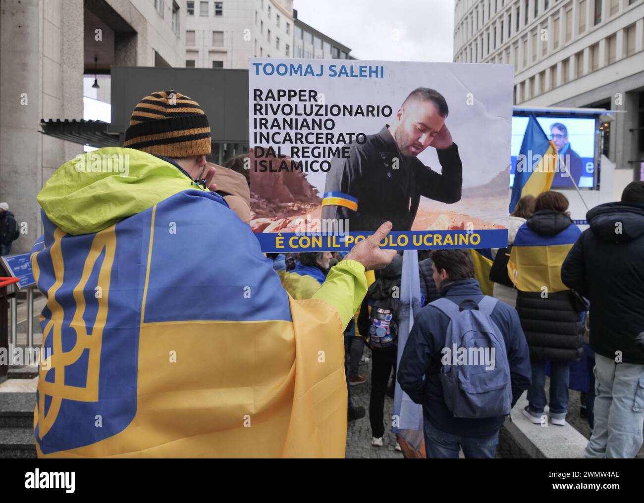 Drammatic protest of Ukrainian peoples in San Babila square against the war and against the Russian leader Putin Stock Photo
