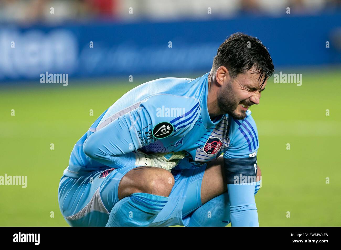 Cypress, Texas, USA. 27th Feb, 2024. St. Louis City goalie ROMAN BURKI (1) reacts after making a stop during Tuesday's round one of the Concacaf Championship, at Shell Energy Stadium. (Credit Image: © Domenic Grey/ZUMA Press Wire) EDITORIAL USAGE ONLY! Not for Commercial USAGE! Stock Photo
