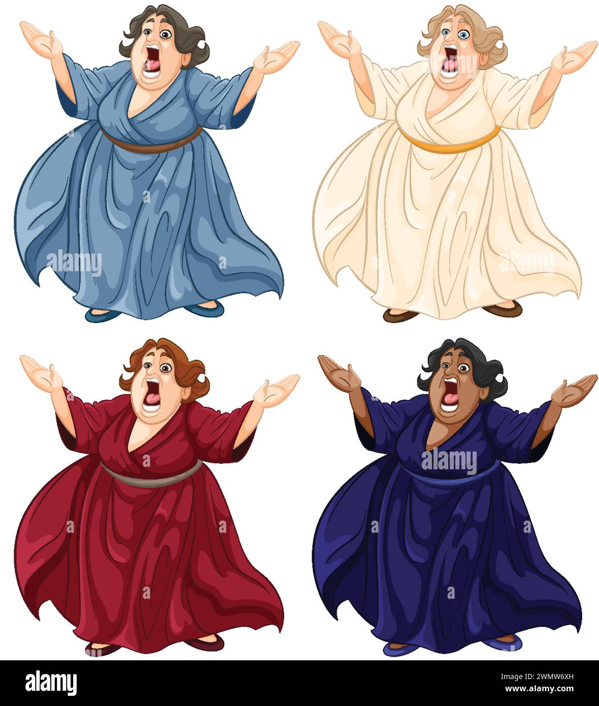 Four animated opera singers in vibrant dresses Stock Vector