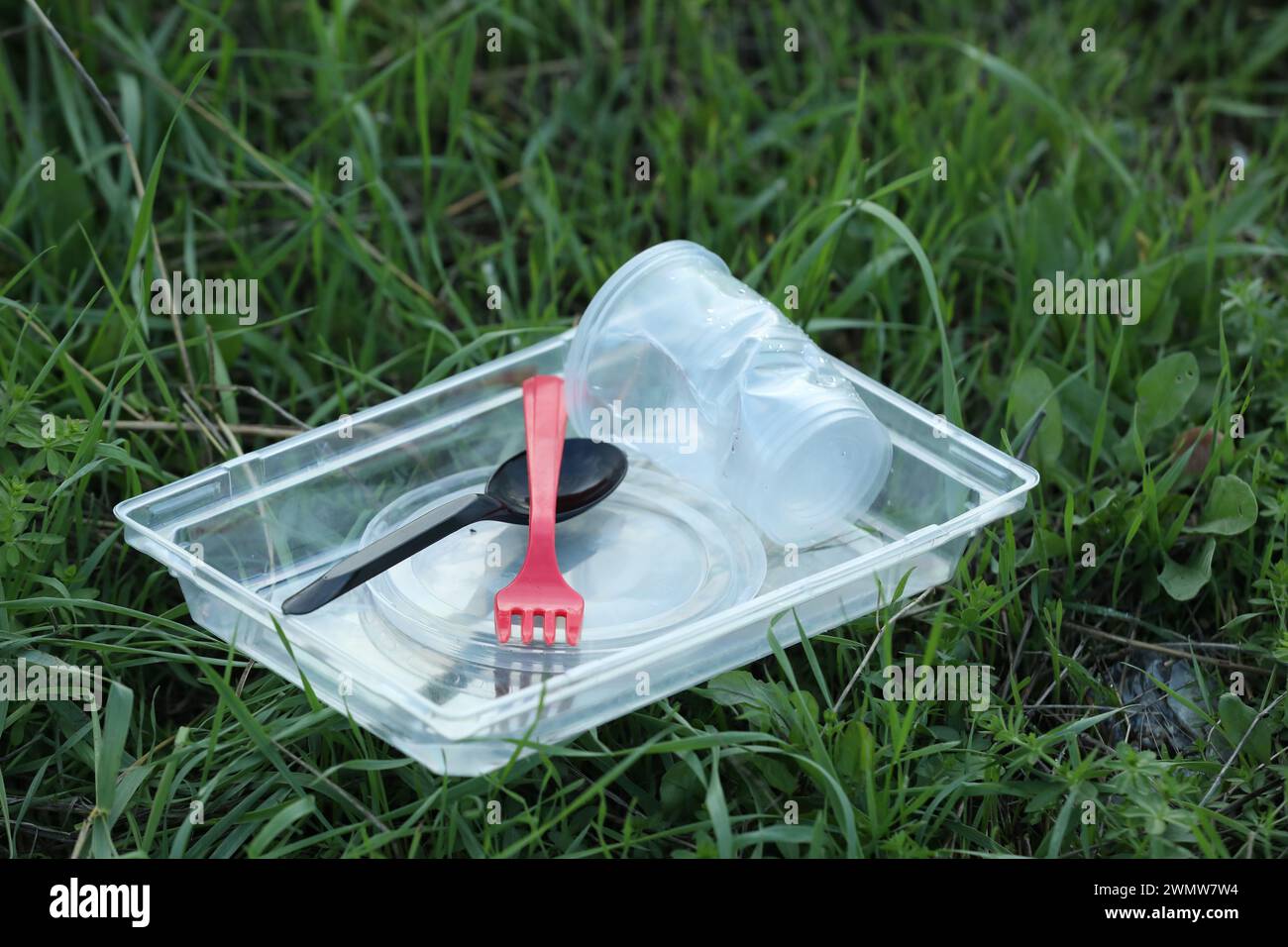 Used plastic tableware on grass outdoors. Environmental pollution concept Stock Photo