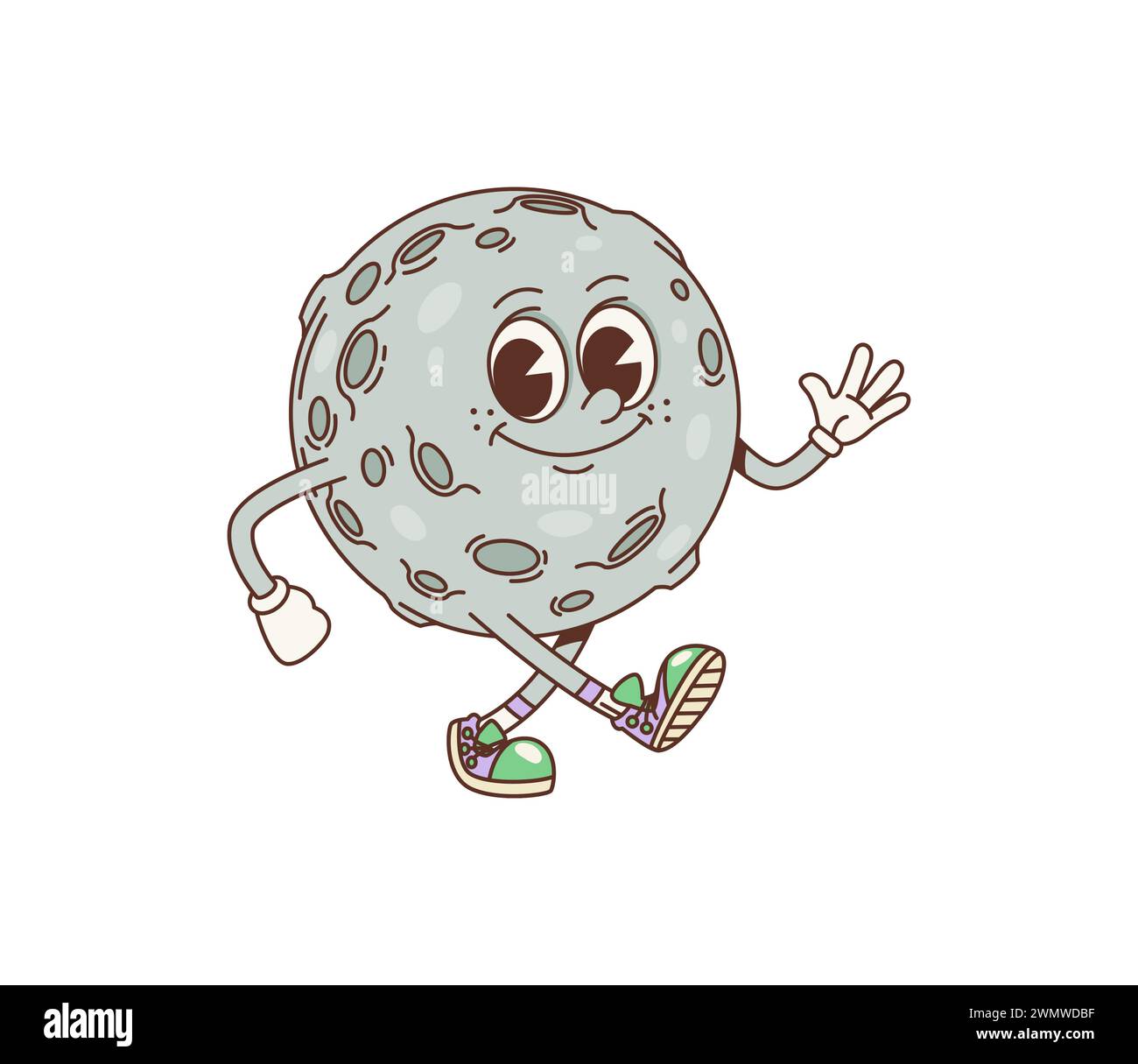 cartoon space planet groovy character exuding cosmic coolness. Isolated vector celestial personage with wide cheerful smile and craters happily walking, exudes psychedelic vibes and funky demeanor Stock Vector