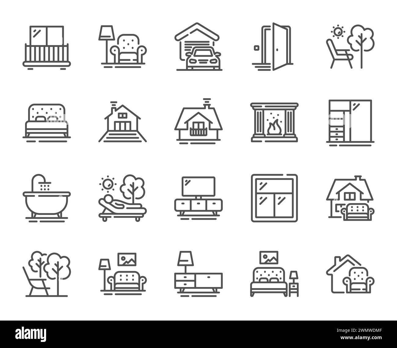 Furniture line icons. Balcony, house terrace and garden deckchair set. Vector Stock Vector