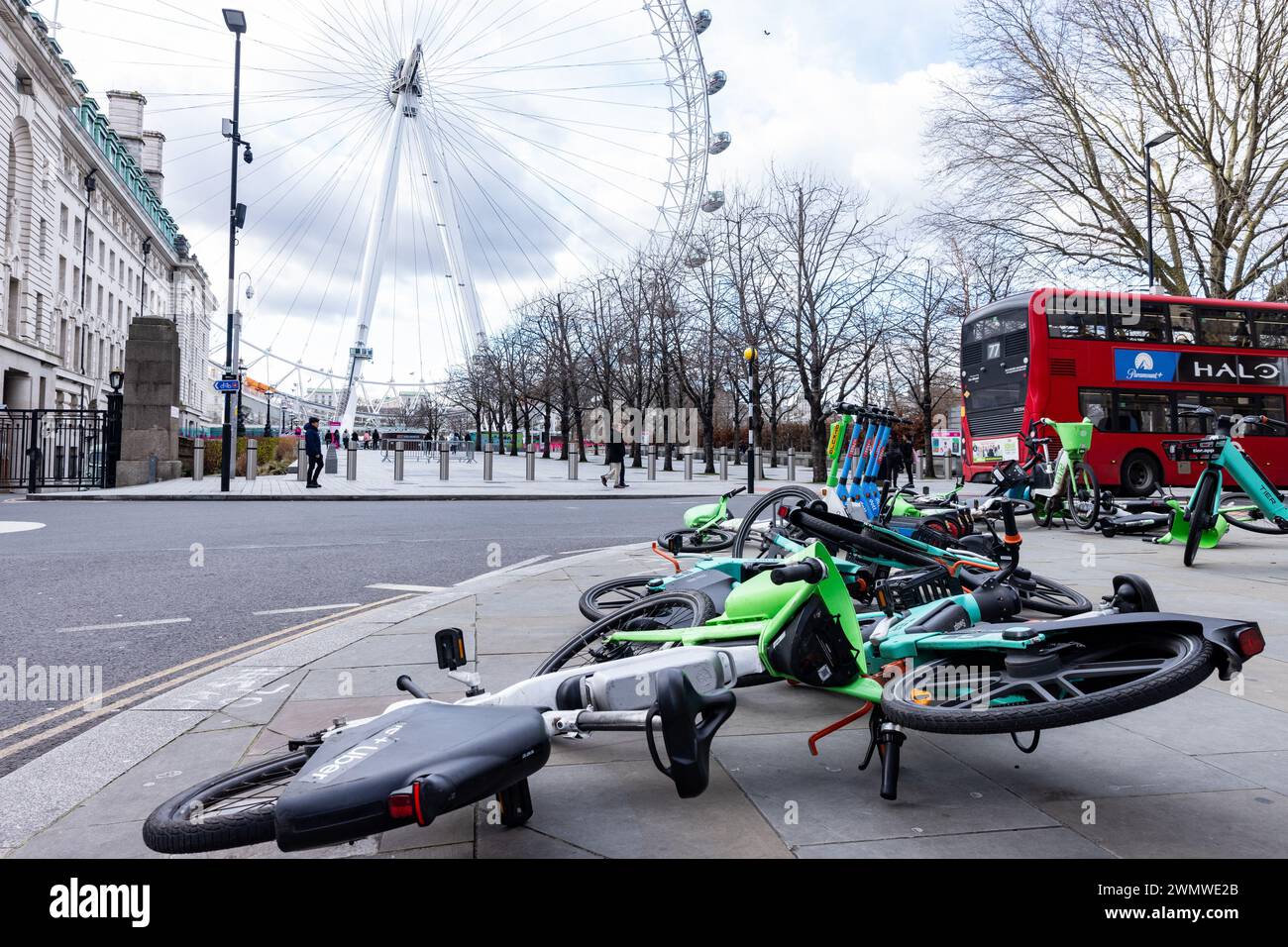 London, UK. 26th February, 2024. Rental bikes are pictured scattered