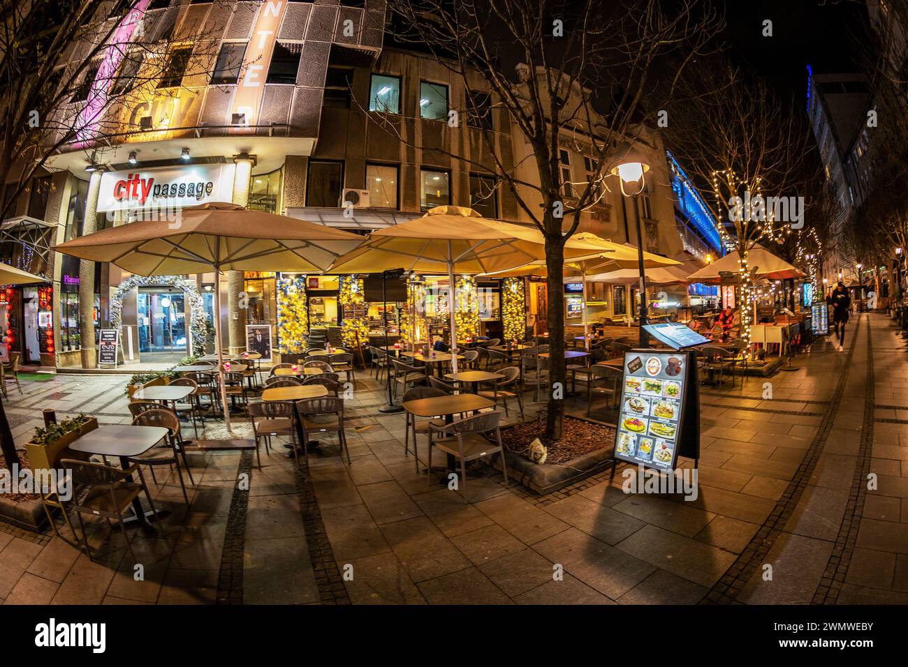 BELGRADE, SERBIA - MARCH 4, 2020: Night view with terraces and restaurants on the Obilicev Venac in Stari Grad, Grad Beograd. Stock Photo