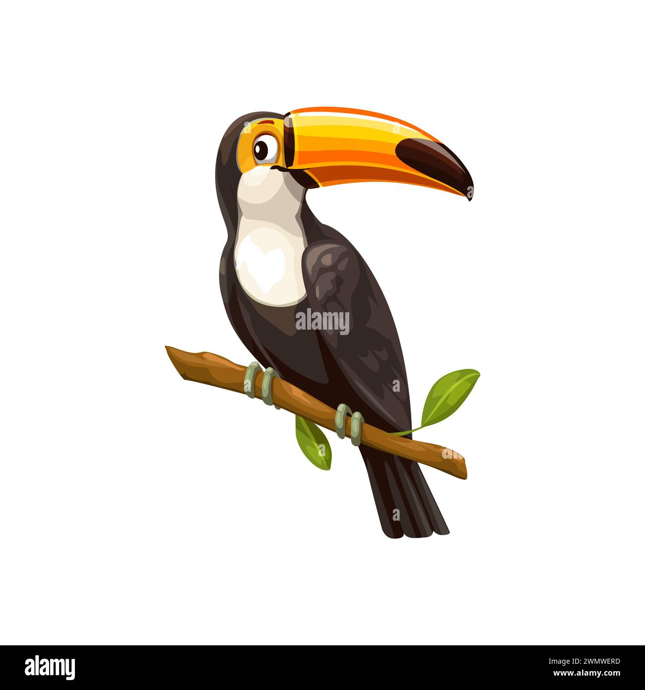 Toucan bird sitting on branch. Isolated vector tropical bird with vibrant plumage and distinctive, large, colorful bill. It inhabits central and south american forests, feeding on fruits and insects Stock Vector