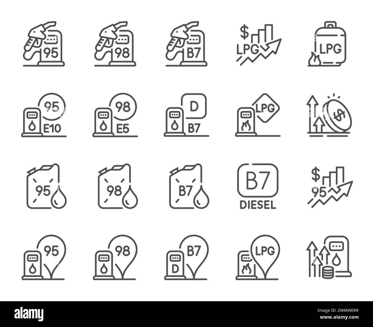 Filling gas station line icons. Petrol canister, B7 diesel fuel and gas