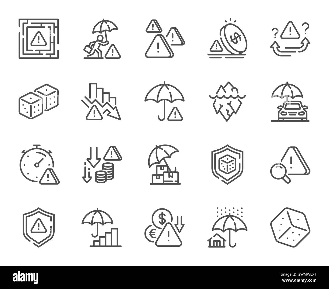 Risk management line icons. Safety umbrella, Iceberg threat and dice gambling set. Vector Stock Vector