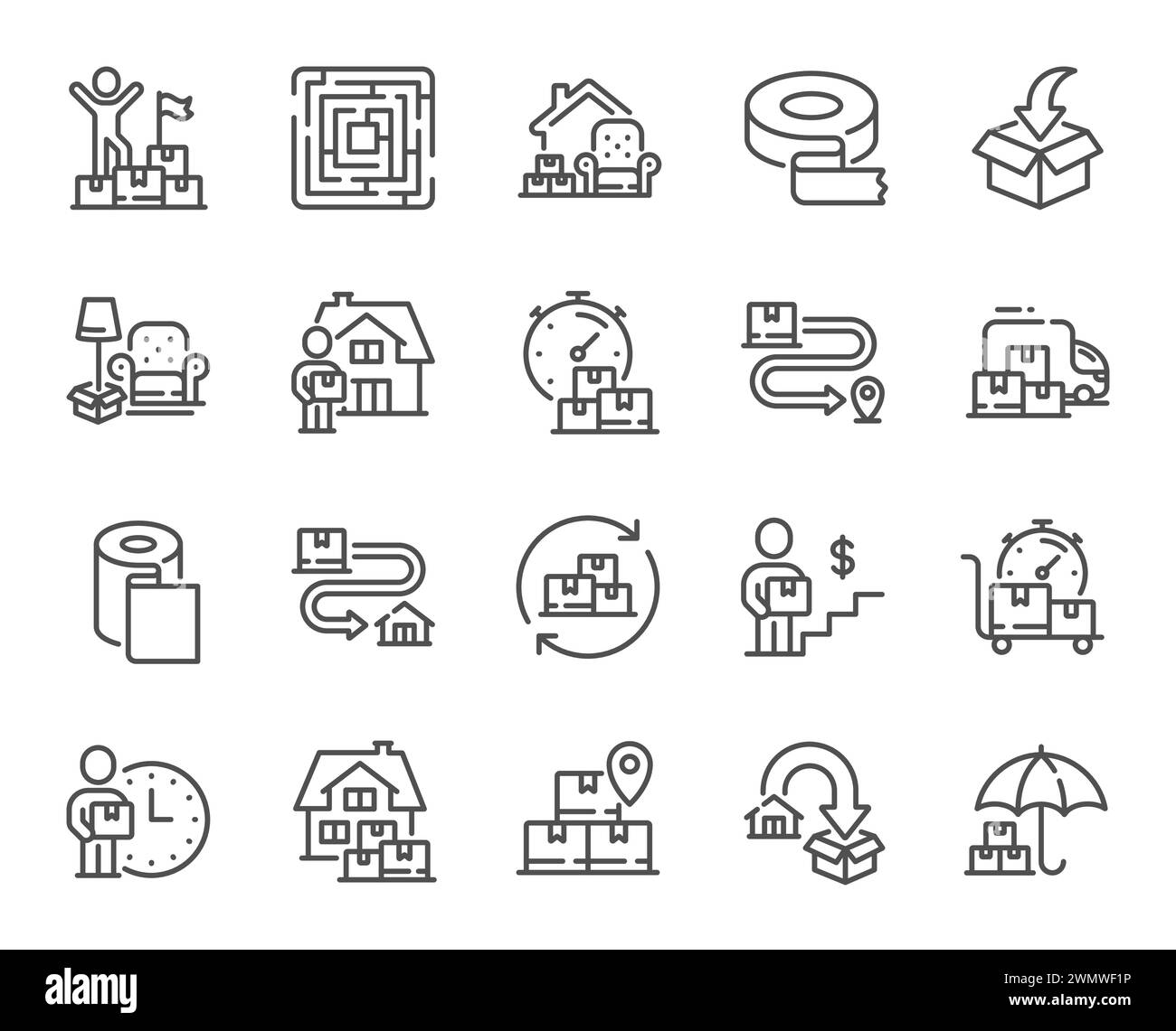 Moving service line icons. Furniture move, rent space and adhesive tape set. Vector Stock Vector