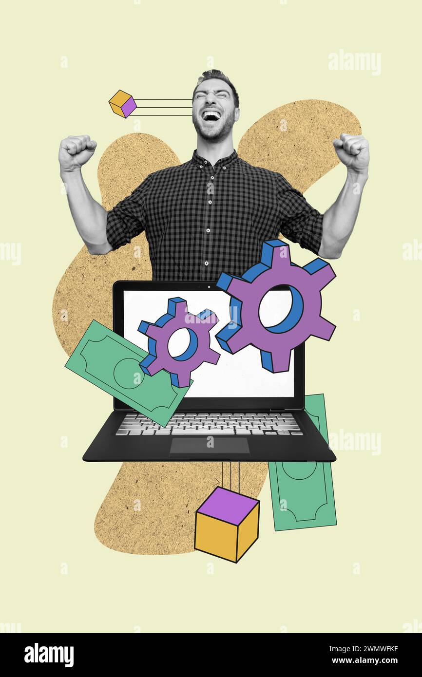 Creative trend collage of excited young man entrepreneur celebrate big