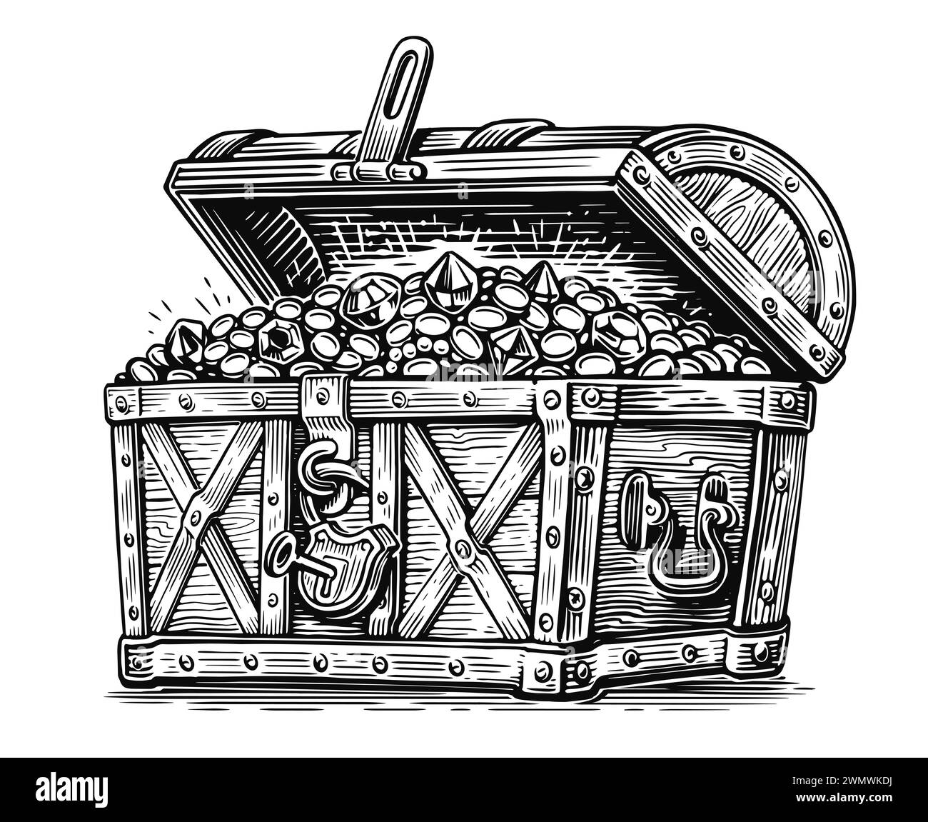 Treasure chest. Wealth of gold coins and precious stones. Hand drawn vntage sketch illustration Stock Photo