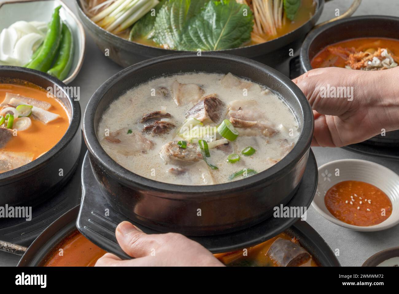 Korean food dish Side dishes, pork rib hangover soup, gopchang hot pot, and gamjatang Stock Photo