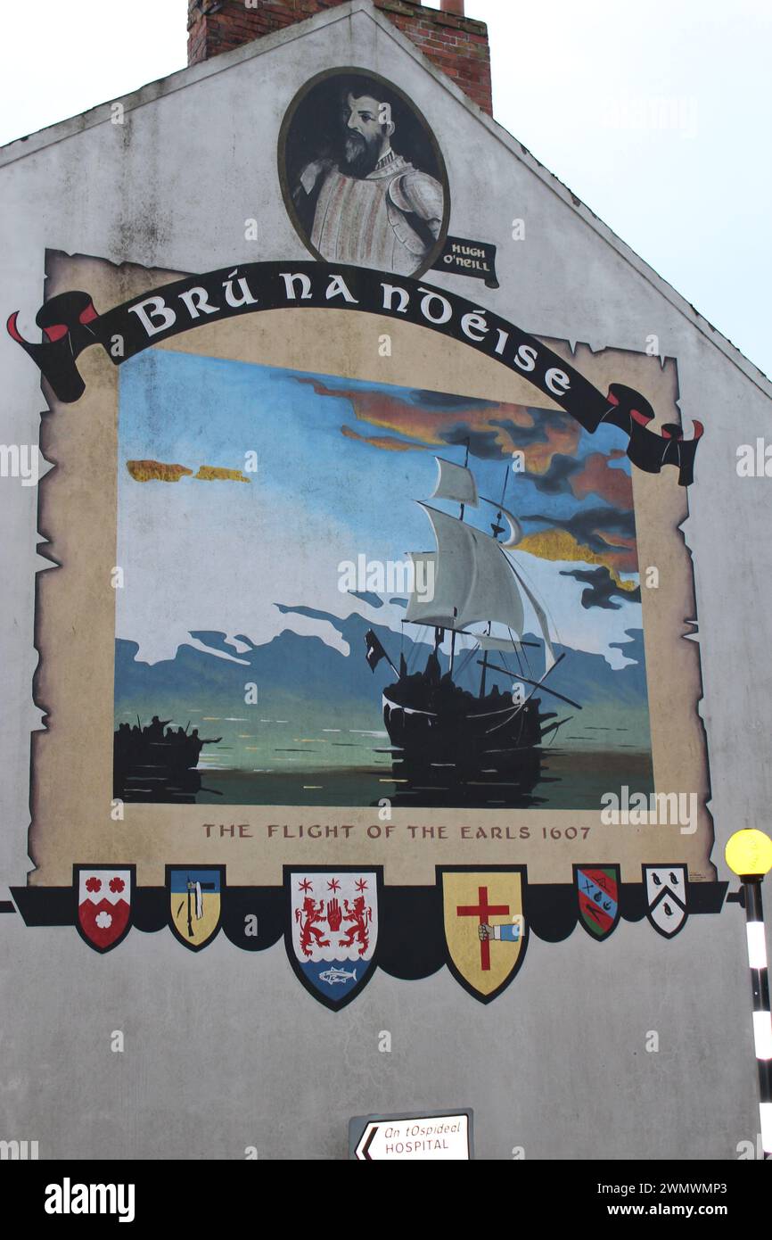Irish history portrayed in public civic art piece. Mural on Crawford's Street depicting the Flight of the Earls in 1607, 400th anniversary mural Bruff Stock Photo