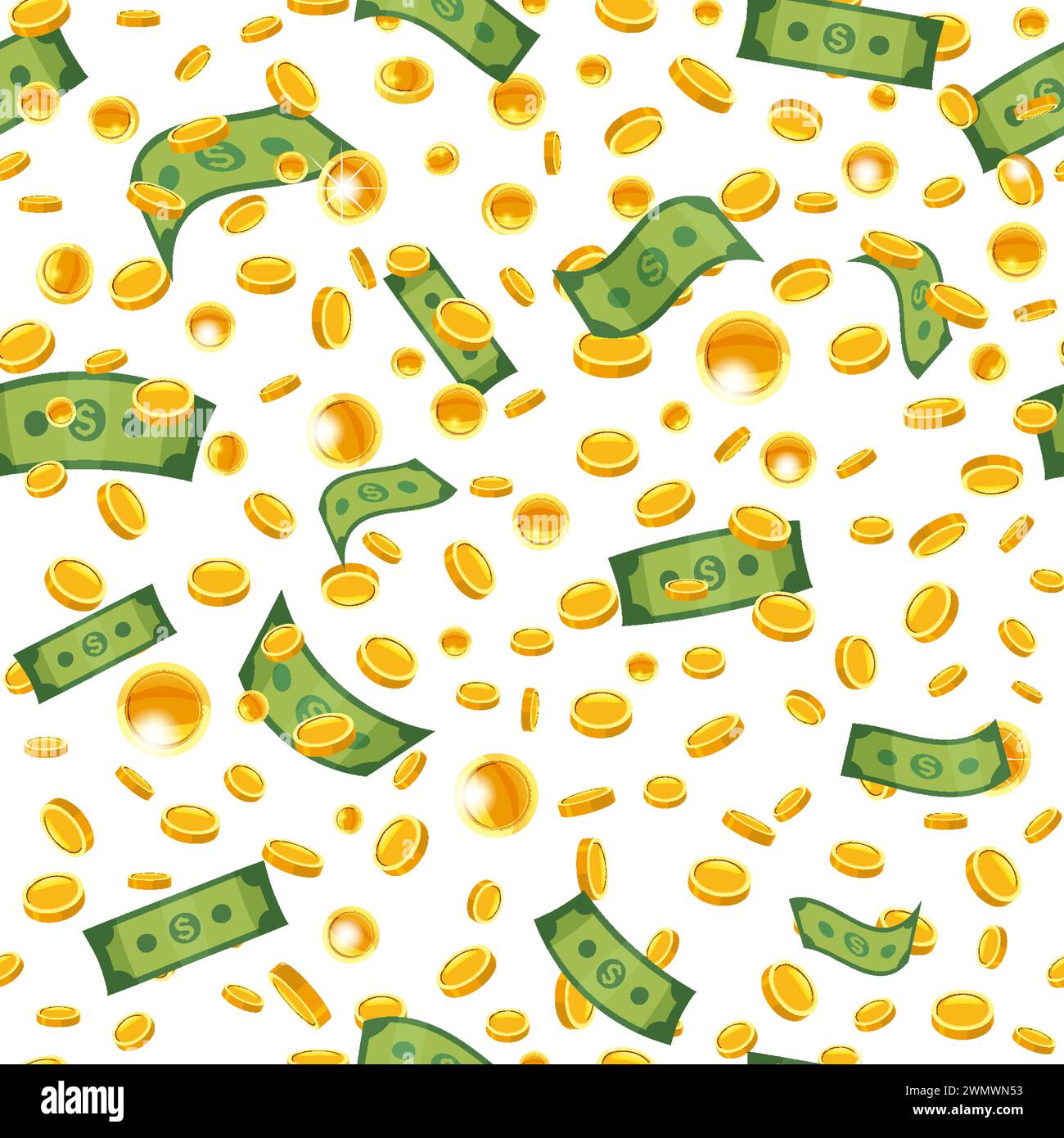 Falling coins banknotes seamless pattern, background success concept Stock Vector