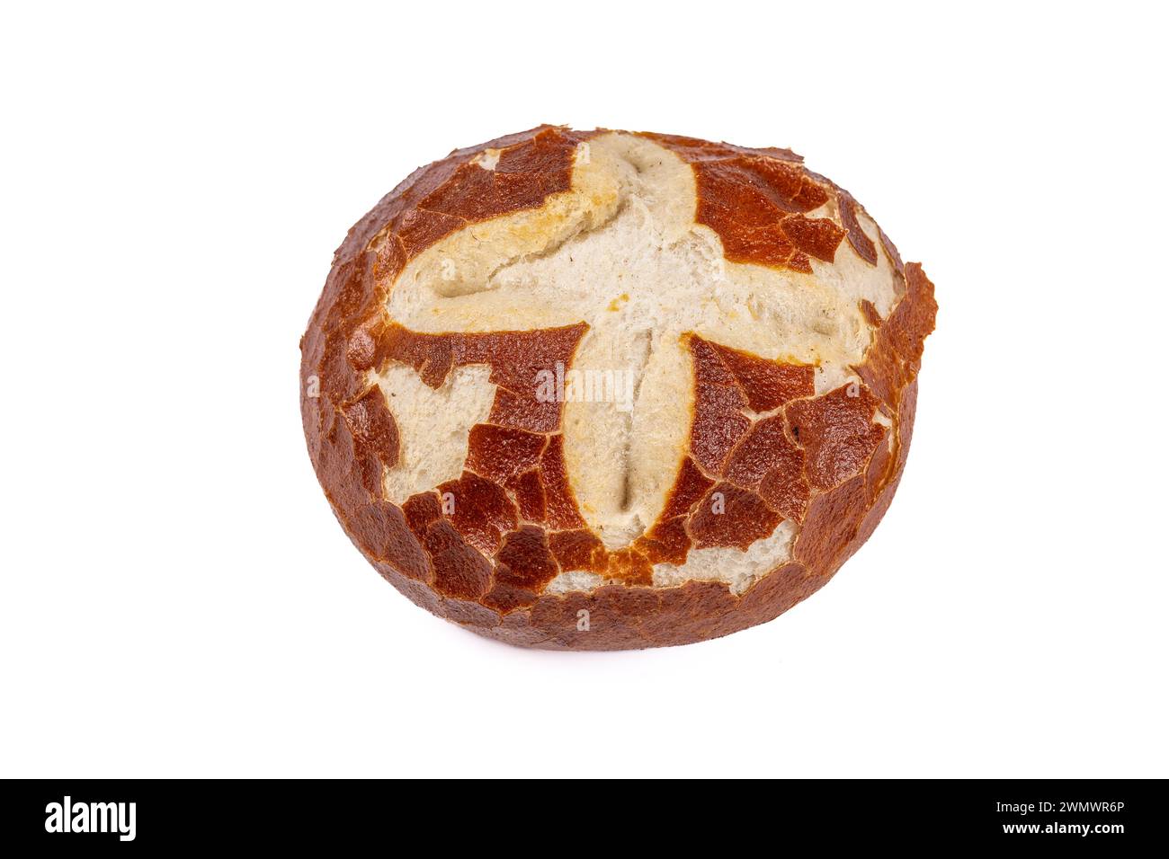 Failed Pretzel Roll: Baking Mishap with Crumbling Crust on White Background, Insufficient Dough Preparation Stock Photo