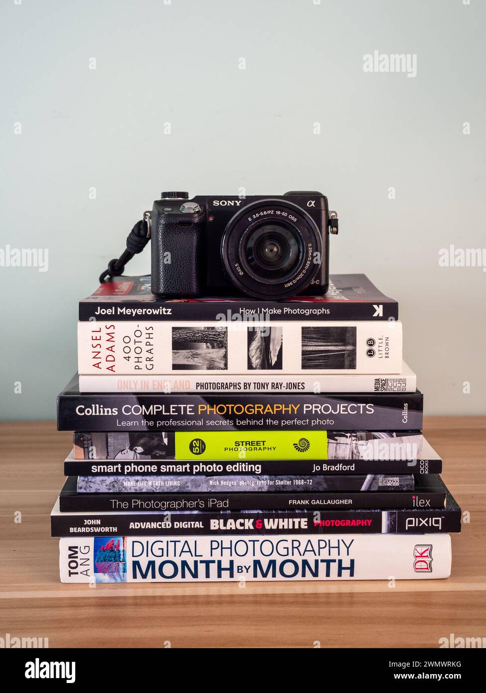 Stack of photography books on a wooden table with Sony Nex 6 mirrorless camera on top; concept for photography as a hobby, pastime, interest etc Stock Photo