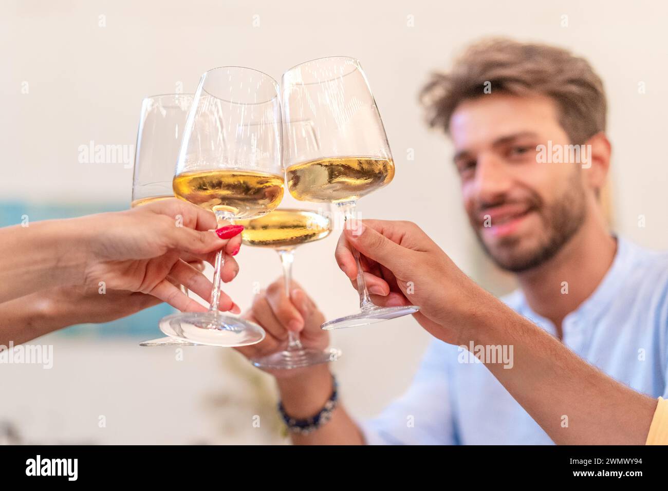 A group of friends comes together, raising their glasses of white wine in a toast to celebrate a momentous occasion, embodying the spirit of companion Stock Photo