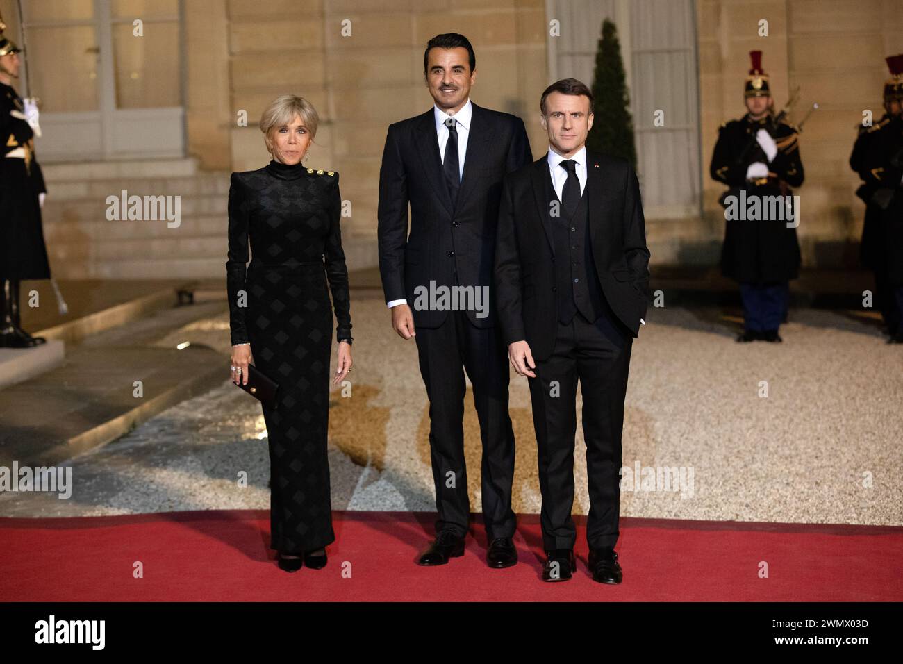 Paris, France, Tuesday 27 february 2024, His Highness Cheikh Tamin Bin Hamad Al Thani, Emmanuel Macron, French President, Mme Brigitte Macron, Credit François Loock / Alamy Live News Stock Photo