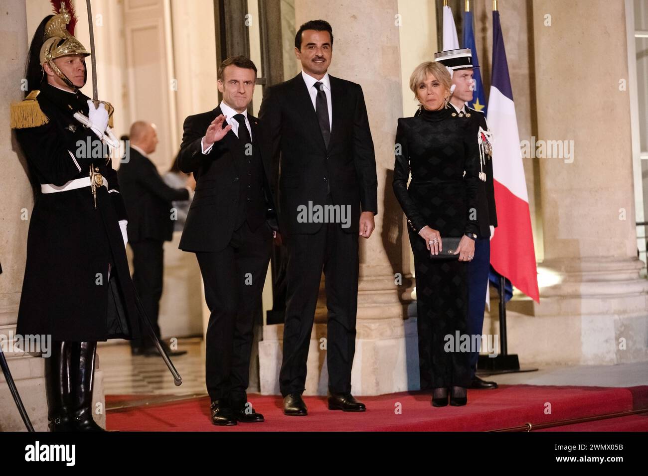 Paris, France, Tuesday 27 february 2024, His Highness Cheikh Tamin Bin Hamad Al Thani, Emmanuel Macron, French President, Mme Brigitte Macron, Credit François Loock / Alamy Live News Stock Photo