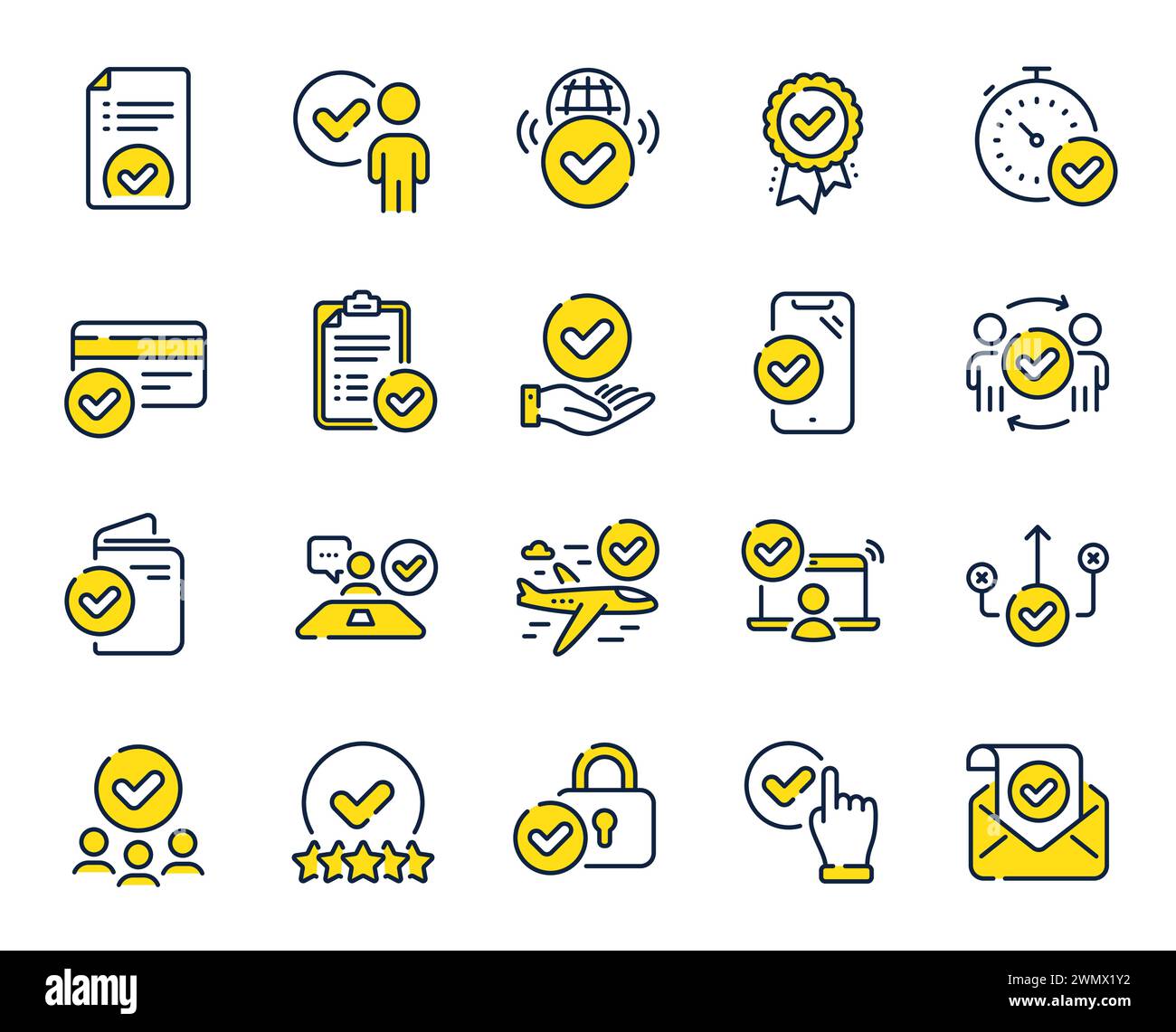 Approve line icons. Interviewed, accepted document, right choice ...