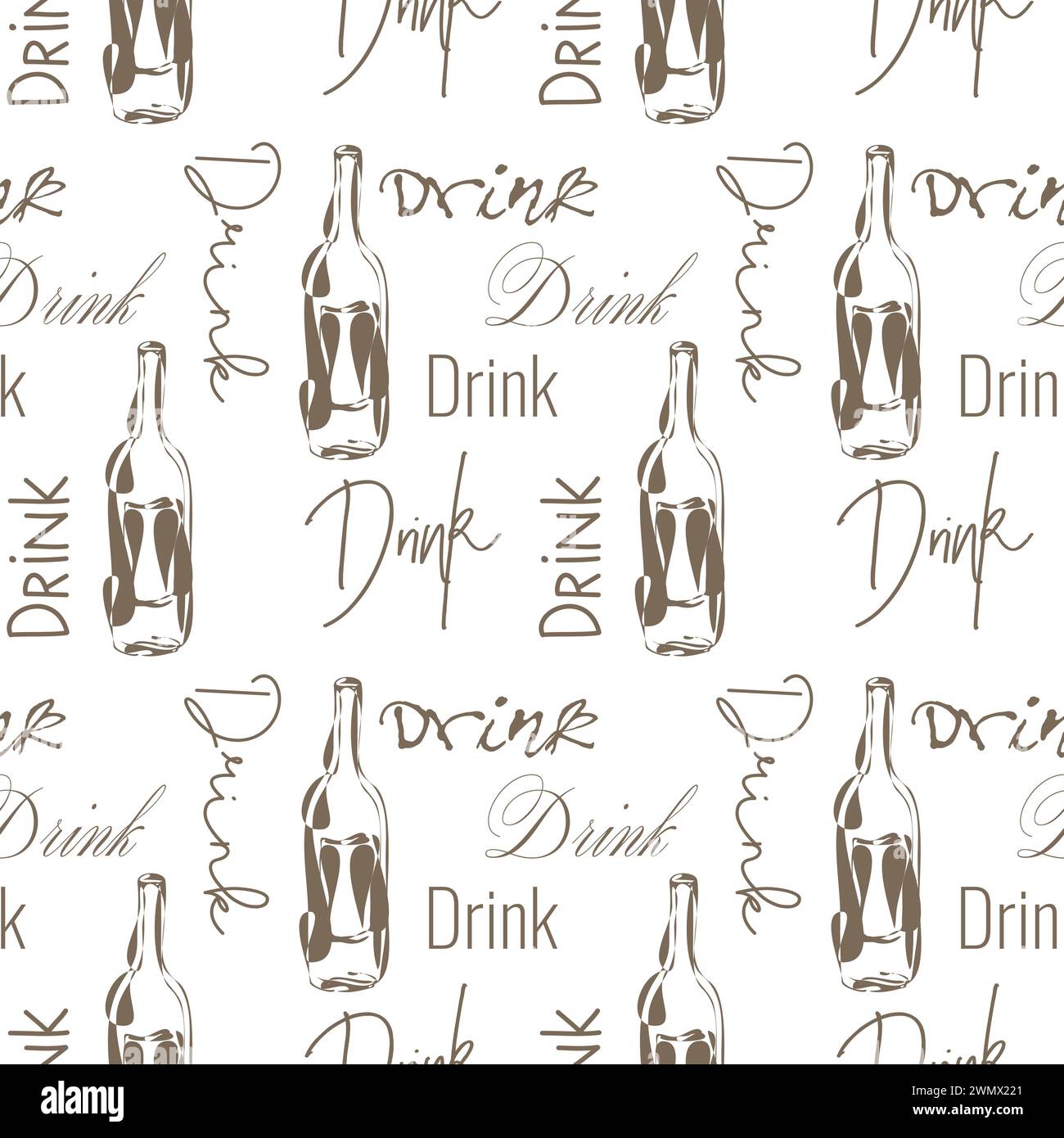 Bottles pattern stylized wine or alcohol and text Drink on white background. Vector illustration Stock Vector