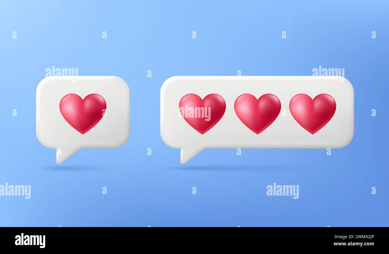 3d love like icon. Notification chat bubble with heart isolated on blue ...