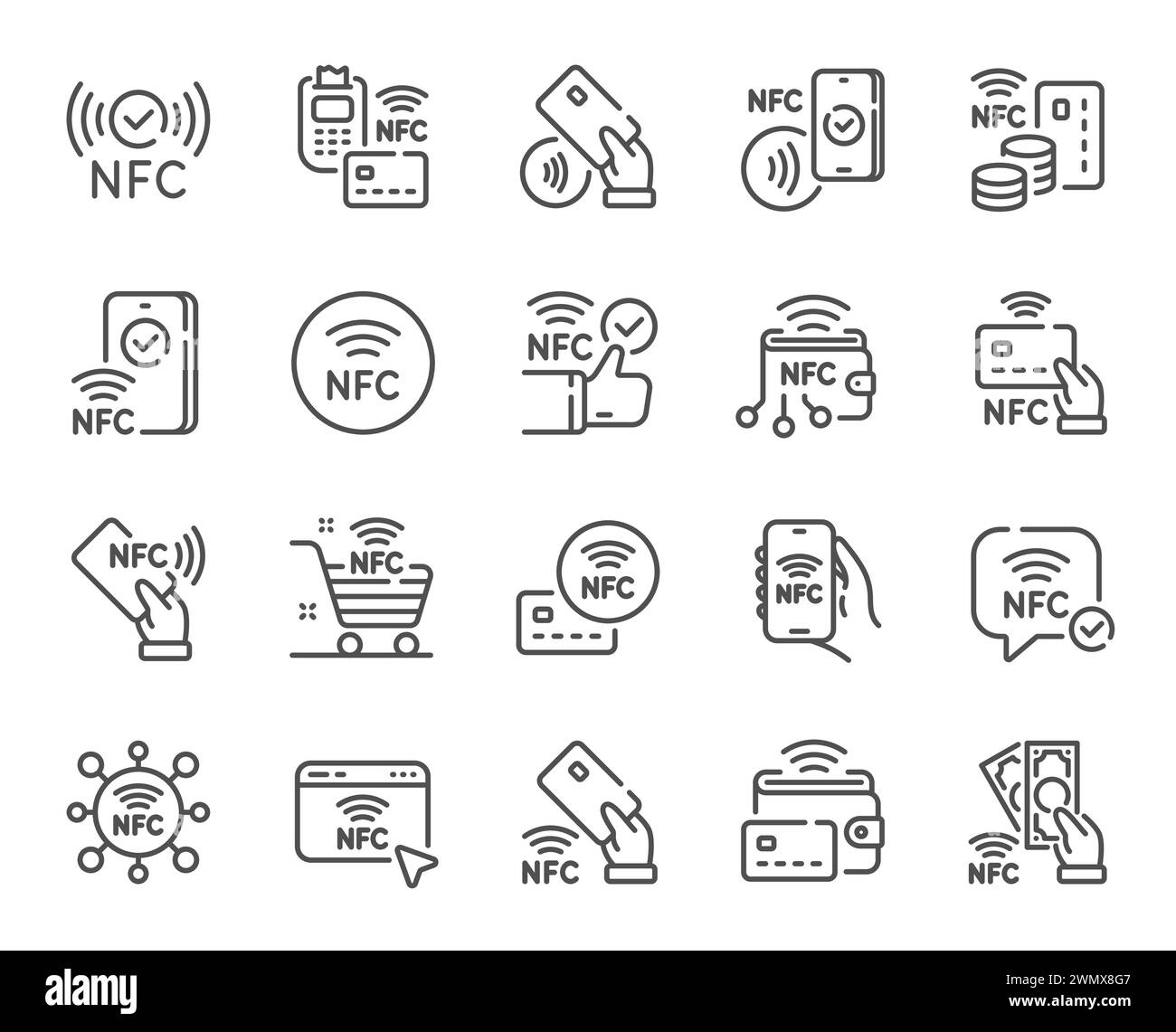 Nfc line icons. Near-field communication, contactless card and ...