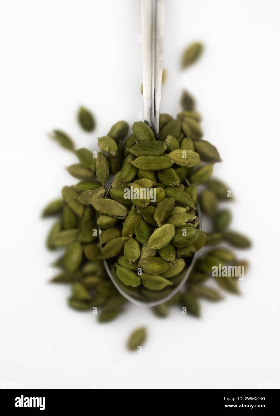 A top view of a small spoon with green cardamom pods pouring out on a white surface Stock Photo