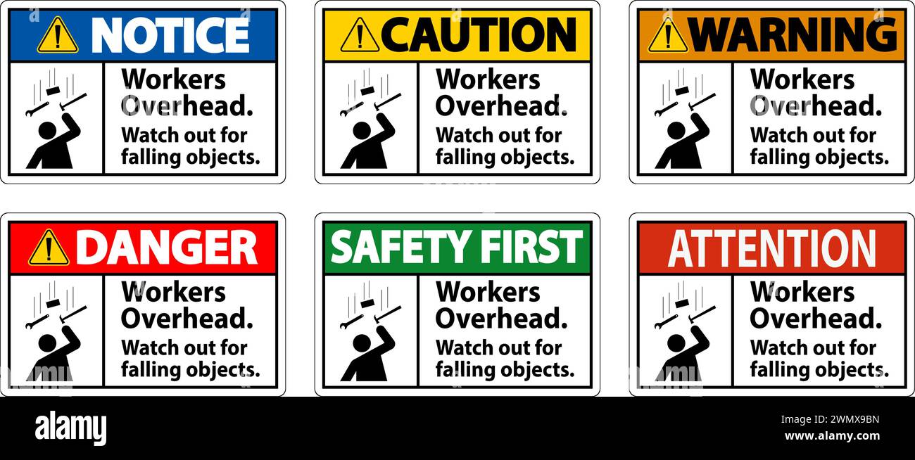 Warning Falling Debris Sign, Workers Overhead Falling Objects Stock ...