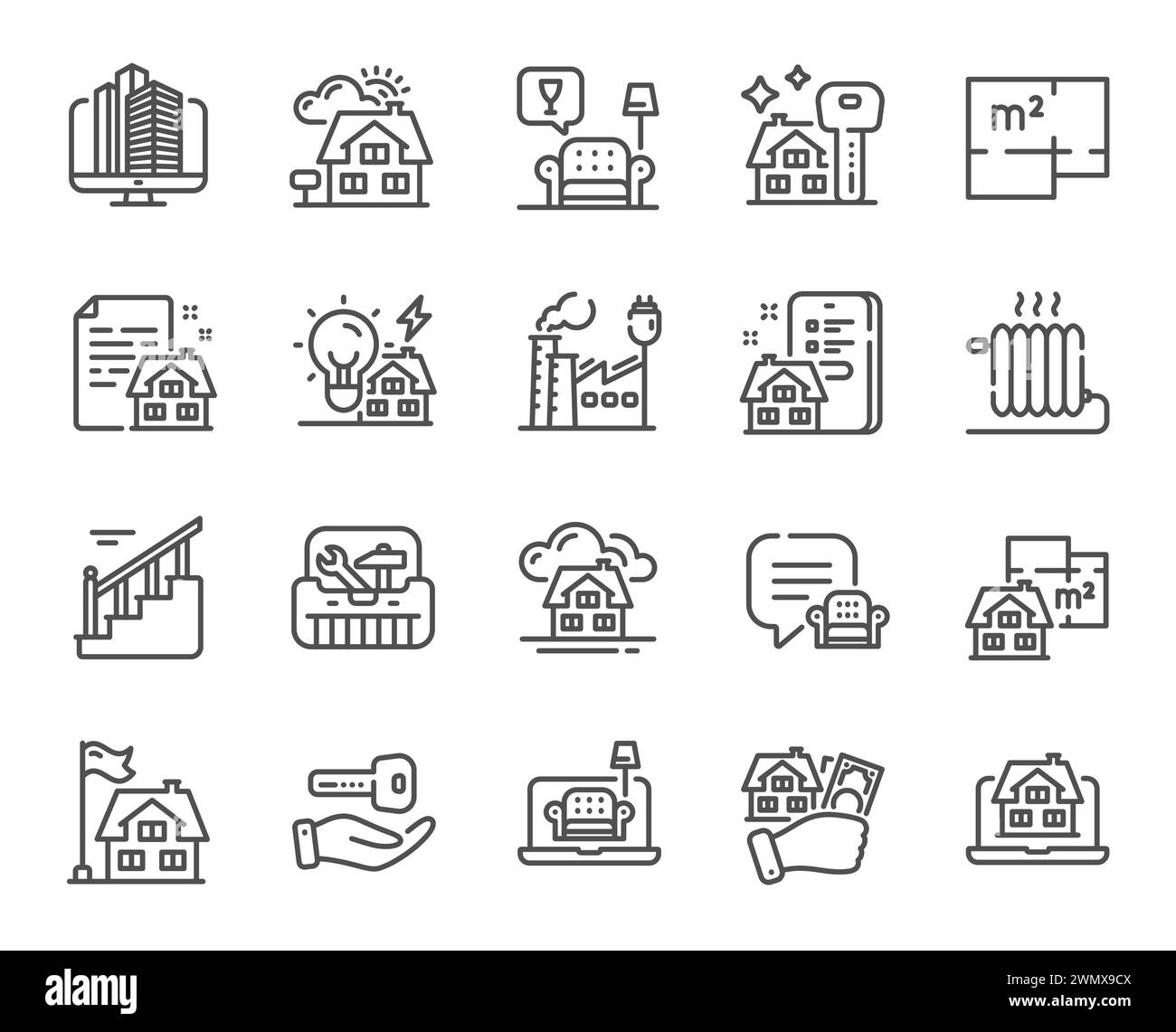 Buildings property line icons. Home floor plan, Apartment furniture and Real estate set. Vector Stock Vector