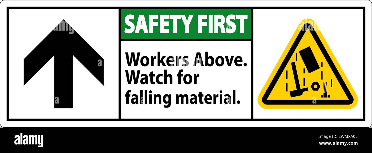 Safety First Sign, Workers Above Falling Material Stock Vector