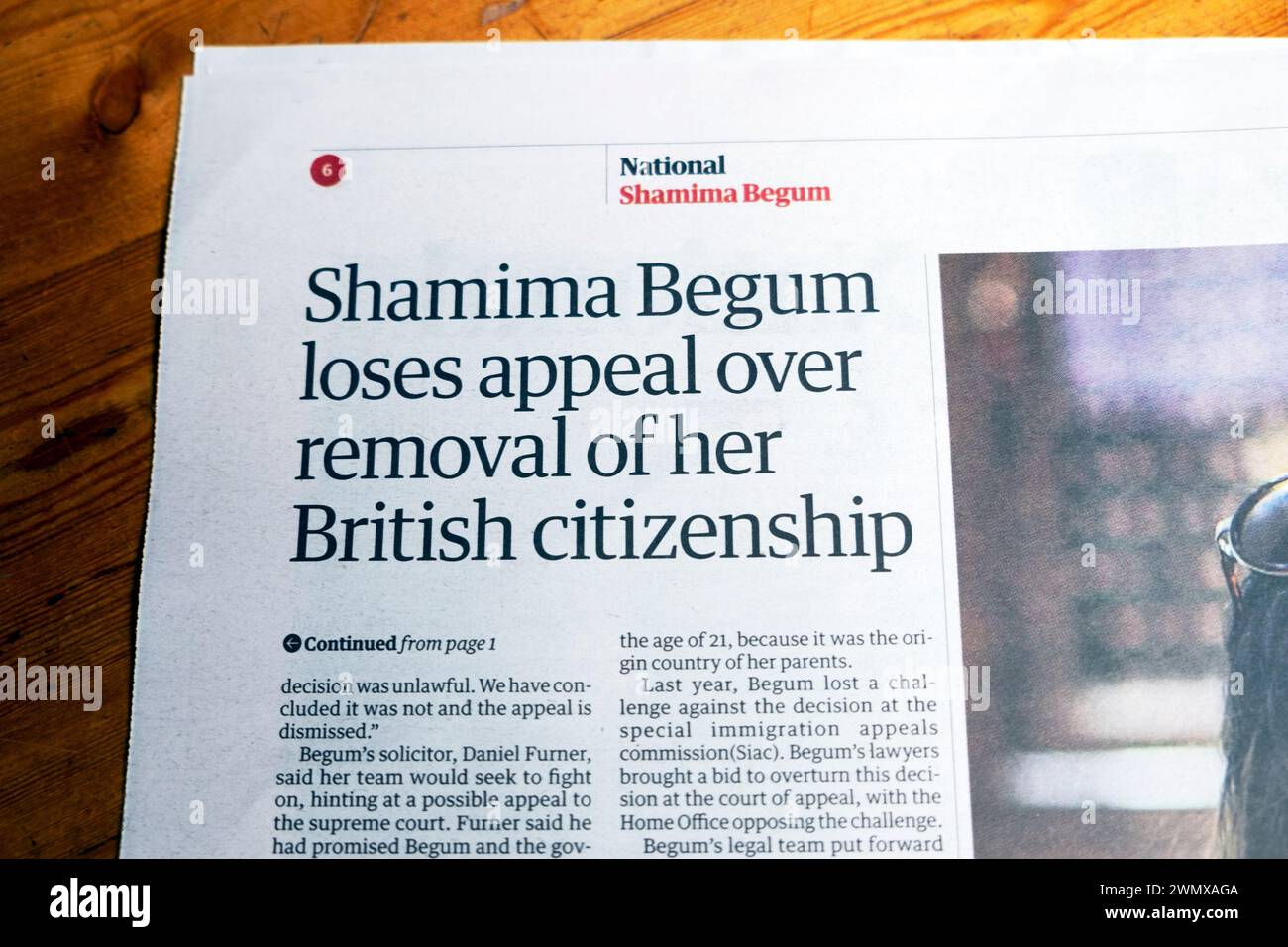 'Shamima Begum loses appeal over removal of her British citizenship' Guardian newspaper headline law court article 24 February 2024 London UK Stock Photo