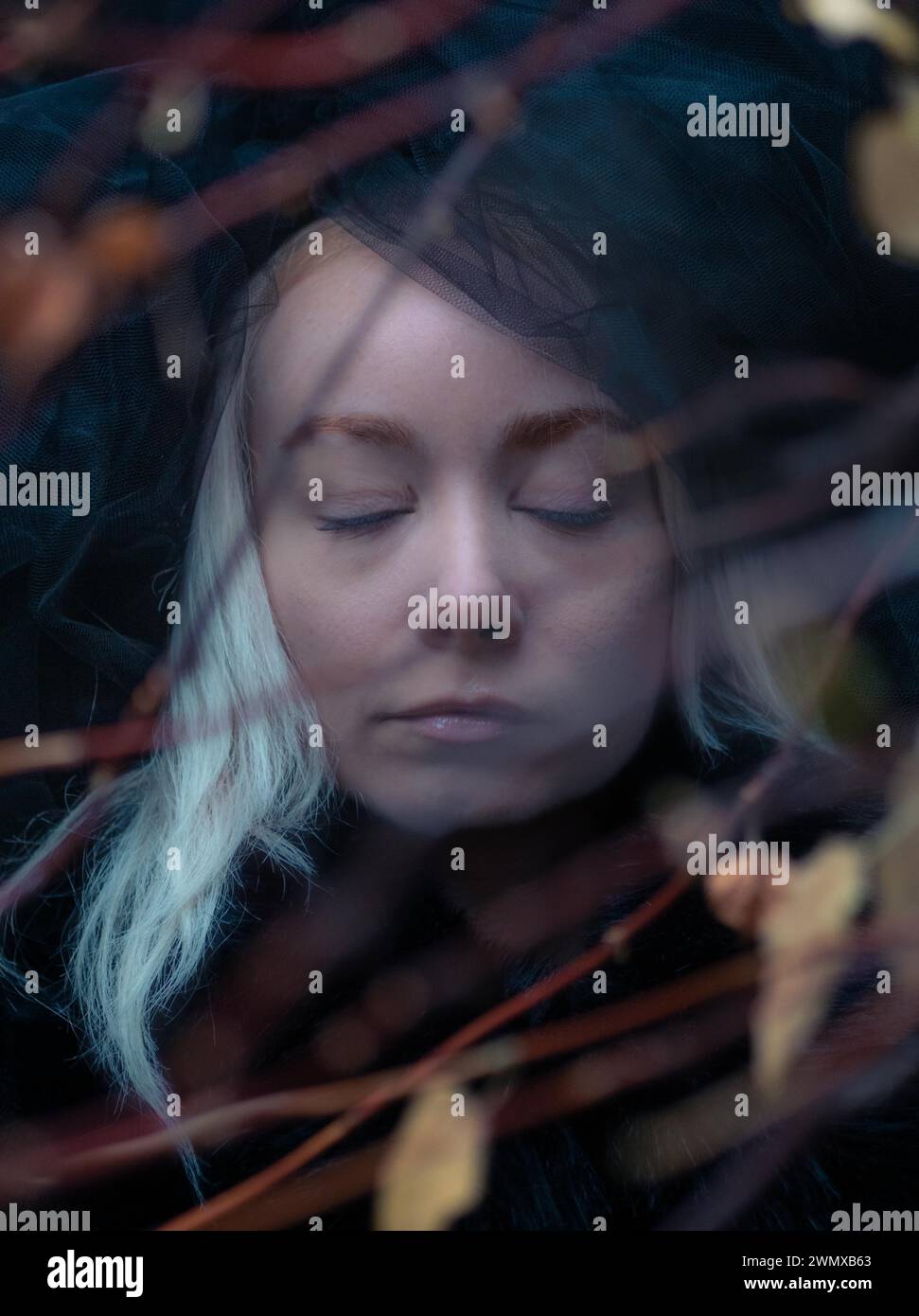 Thoughtful woman seen through a veil of leaves in a bluish tone wearing black hat in muted color palette, dark mood Stock Photo