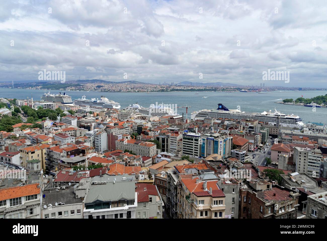 View of the cruise ship harbour from the Galata Tower, Istanbul Modern, Istanbul, European part, Turkey Stock Photo