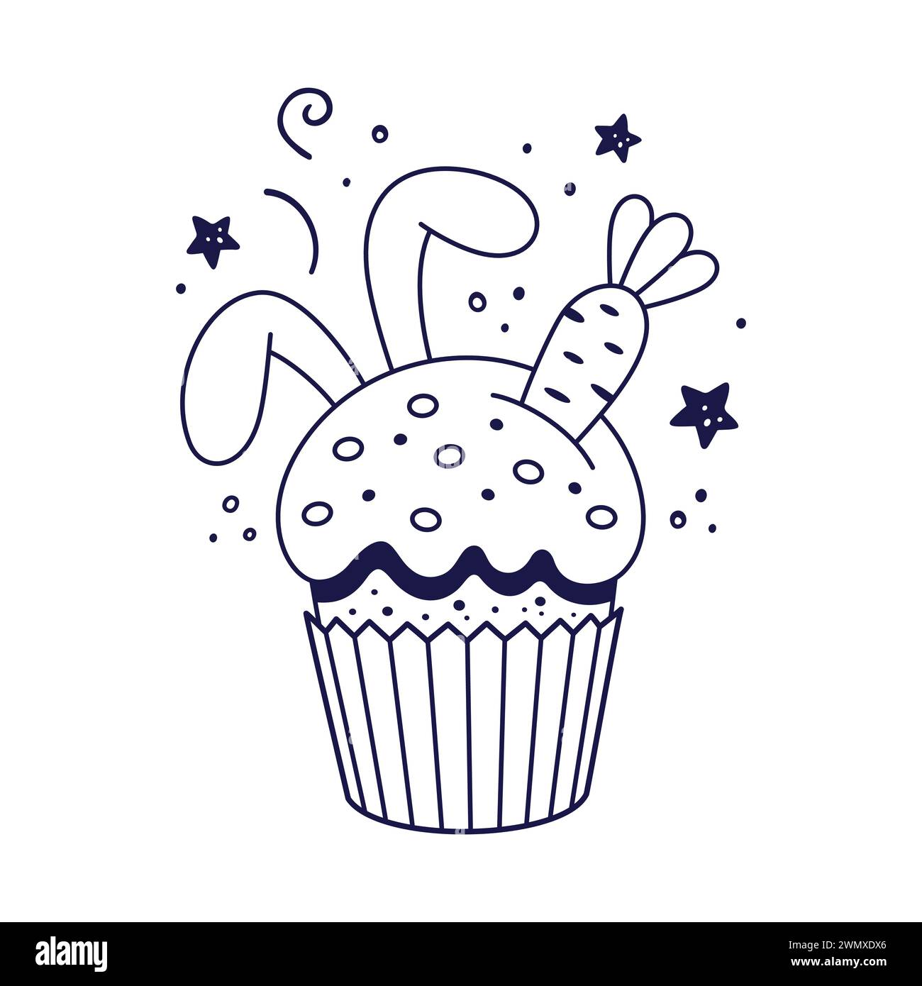 Easter cake with rabbits ears and carrot in cartoon style. Easter bakery with bunny ears. Doodle style. Hand drawn line art illustration isolated on w Stock Vector