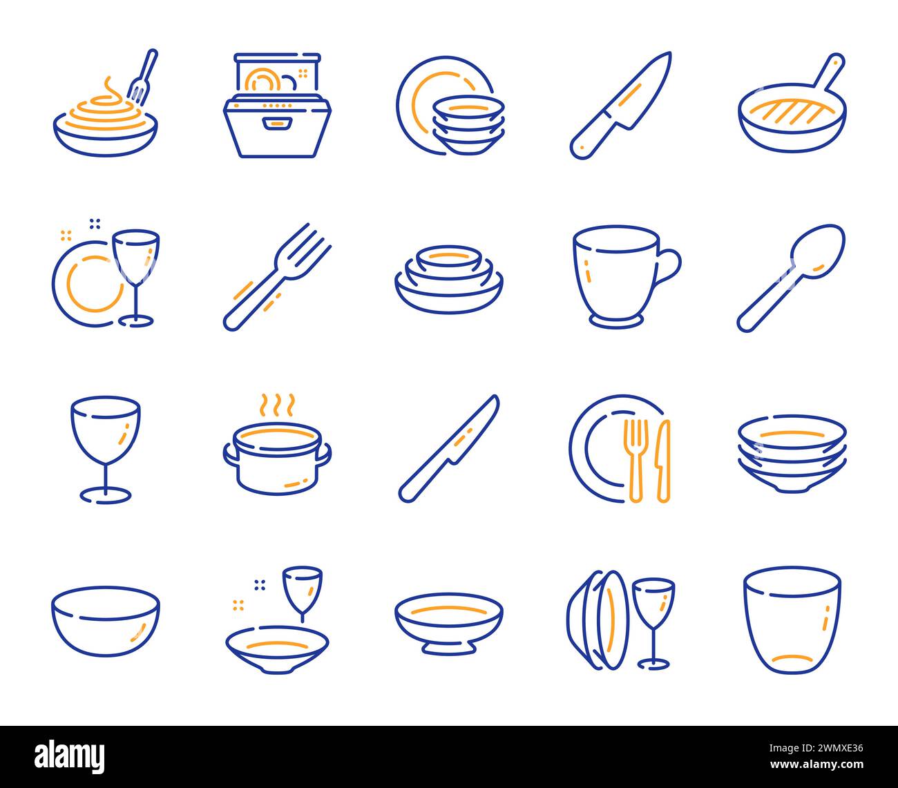 Tableware line icons. Dish plate, Food bowl and Cooking utensils set. Vector Stock Vector