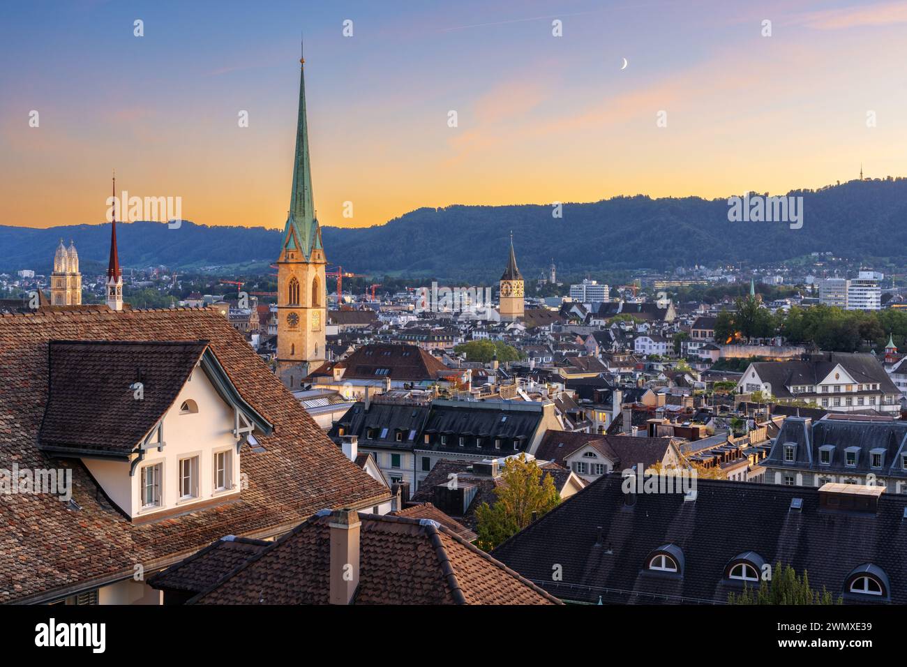 Zurich, Switzerland cityscape with church steeples at twilight. Stock Photo