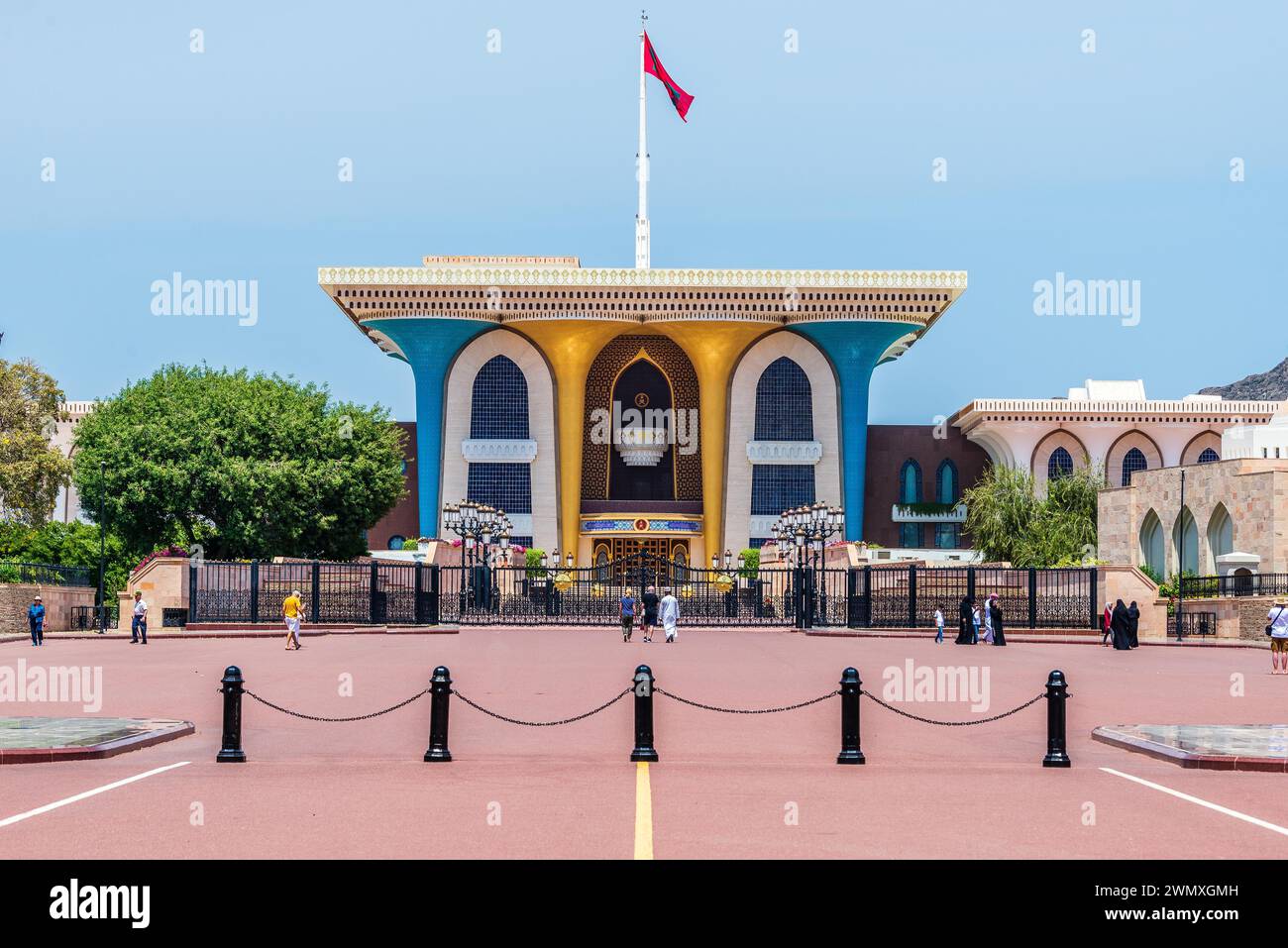 Traditional gate with columns and ornaments, a flag flies above, Sultan ...