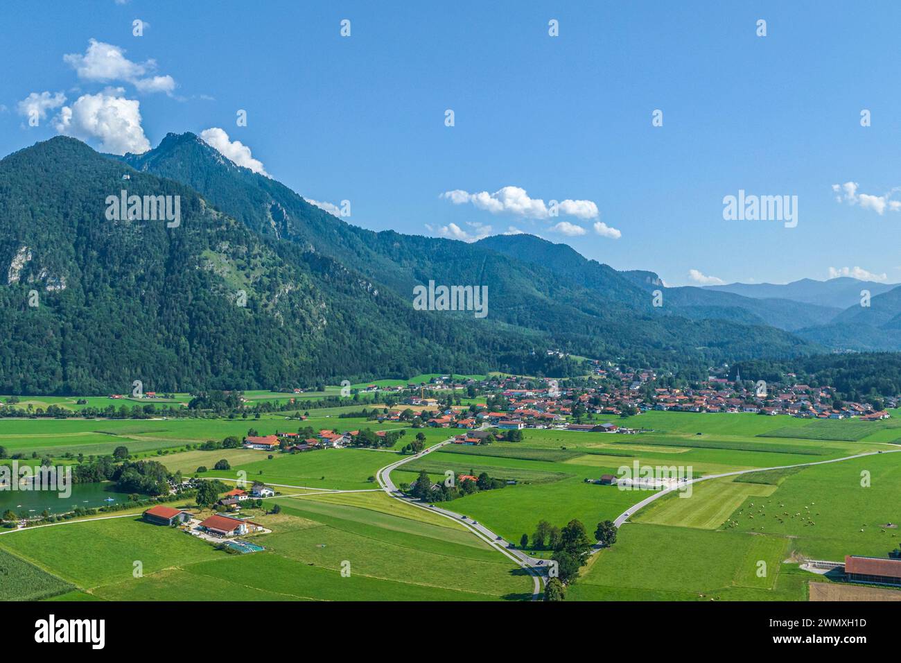 The air spa resort of Grassau in the Achental valley near Lake Chiemsee in Upper Bavaria from above Stock Photo